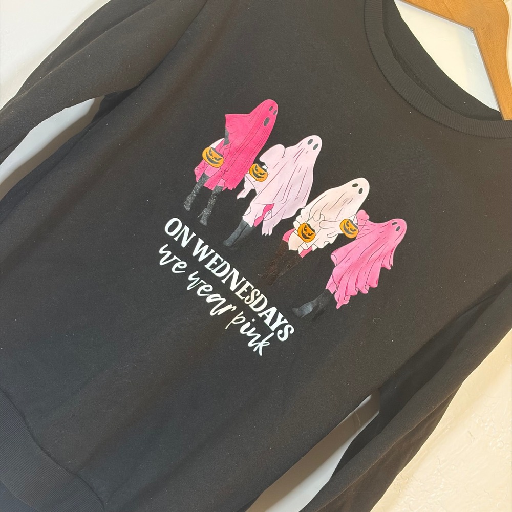 On Wednesdays We Wear Pink Ghost Halloween Sweatshirt Black M Mean Girls Style